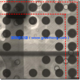 BGA錫球尺寸小于0.4mm，采用降低BGA內(nèi)圍襲球的錫膏量所得到X-Ray，稍微留意一下可以發(fā)現(xiàn)最外圈的錫量(圓的直徑)比其他內(nèi)圍的錫球上的錫量來得多一點(diǎn)點(diǎn)。也就是外圈的黑色圓形直徑比內(nèi)圈的圓形來得大一點(diǎn)點(diǎn)。