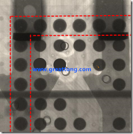 BGA錫球尺寸小于0.4mm，采用降低BGA內(nèi)圍襲球的錫膏量所得到X-Ray，稍微留意一下可以發(fā)現(xiàn)最外圈的錫量(圓的直徑)比其他內(nèi)圍的錫球上的錫量來得多一點(diǎn)點(diǎn)。也就是外圈的黑色圓形直徑比內(nèi)圈的圓形來得大一點(diǎn)點(diǎn)。