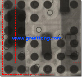 BGA錫球尺寸小于0.4mm，采用降低BGA內(nèi)圍襲球的錫膏量所得到X-Ray，稍微留意一下可以發(fā)現(xiàn)最外圈的錫量(圓的直徑)比其他內(nèi)圍的錫球上的錫量來得多一點(diǎn)點(diǎn)。也就是外圈的黑色圓形直徑比內(nèi)圈的圓形來得大一點(diǎn)點(diǎn)。