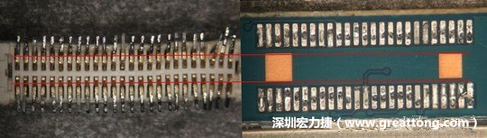 把板對板連接器與其電路板的佈線焊墊作一個比較，端子的切斷面有毛邊的地方剛好對到了裸銅區(qū)。