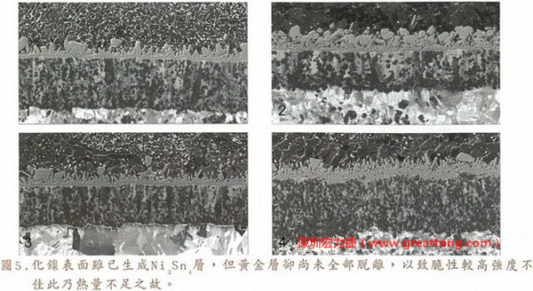 下面四圖顯示，當(dāng)焊接的熱量不足或未持續(xù)時(shí)，雖然Ni3Sn4的薄薄IMC層已經(jīng)生成而焊牢，但也會(huì)因?yàn)锳uSn及AuSn2還未來(lái)得及逸走，而停留在共金介面附近，當(dāng)有外力拉扯的時(shí)候，就很容易斷裂開來(lái)。這就是為何ENIG的焊點(diǎn)強(qiáng)度，始終不如銅面焊點(diǎn)(Cu6Sn5)來(lái)得更為牢固的主因之一。