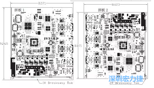 如圖7所示是使用不同數(shù)量邊條的拼板，拼板1僅使用了一個(gè)邊條，直接利用PCB另一邊作為SMT工藝傳送邊，并且PCB圖形中有合適的安裝孔；而拼板2則是按常規(guī)設(shè)計(jì)了兩個(gè)邊條。拼板方式為連接筋。圖中“Breakaway Tab”指邊條-深圳宏力捷