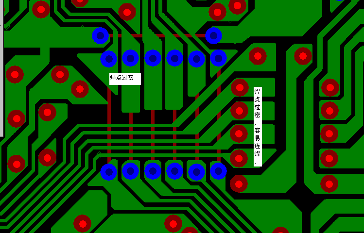 PCB設計焊點過密，易造成波峰連焊，焊點間漏電