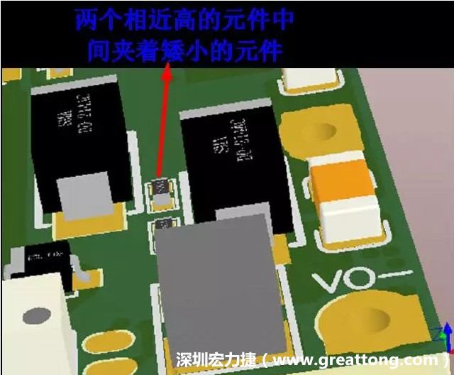 放置器件時(shí)要考慮以后的焊接和維修，兩個(gè)高度高的元件之間盡量避免放置矮小的元件