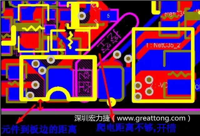如果碰到模塊PCB空間有限，爬電距離不夠，可以采用開槽的方式