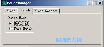 點擊工具欄File→Tools→Pour Manager調(diào)出下圖的覆銅菜單選擇Hatch，Hatch Mode則選Hatch All，按Start進行覆銅