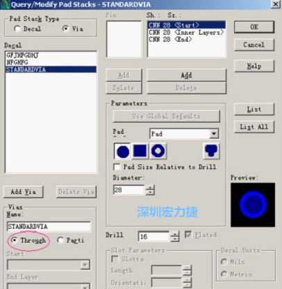 分析文件完成后，點擊菜單Setup→Pad Stacks調(diào)出焊盤堆設(shè)置窗口，將Pad Stack Type改為Via