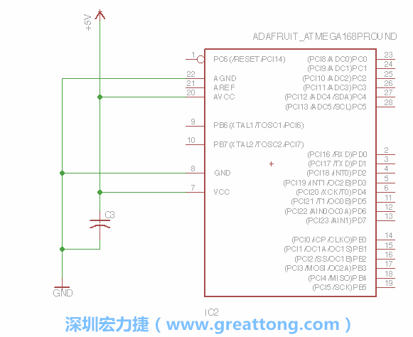 3.1.    新增微控制器晶片（RBBB → ATmega），把它放在電路原理圖的中央附近，把它的兩個(gè)接地接頭連接到接地訊號(hào)端。