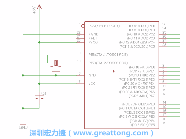 3.2.    在靠近ATmega的電源供應(yīng)針腳7的位置放置一個(gè)0.1μF的電容，將它分別連接電源、接地端和針腳7。