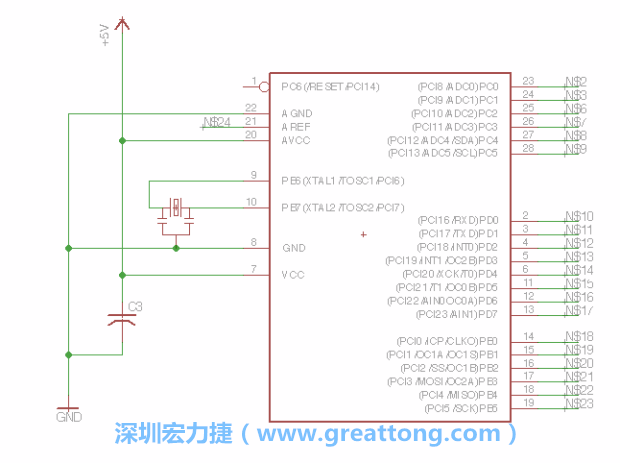 3.3.    將共鳴器（resonator）放置在針腳9和針腳10附近，將它的三個(gè)針腳連接如圖所示，并確認(rèn)最中間的針腳有連到接地端。