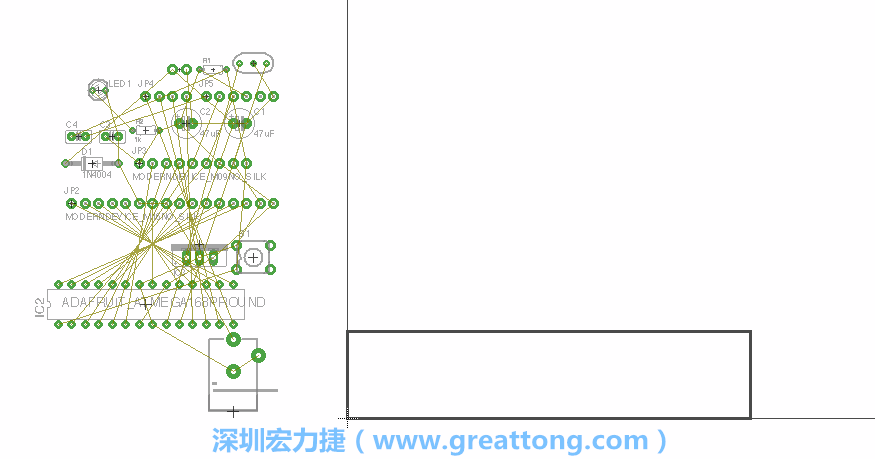 第一次執(zhí)行布線編輯器時(shí)，你會(huì)發(fā)現(xiàn)有兩個(gè)區(qū)塊，左邊的區(qū)塊非?；靵y，而右邊的區(qū)塊則是一個(gè)長方形的工作區(qū)域，EAGLE免費(fèi)版會(huì)限制你的工作區(qū)域在4” x 3.2”的范圍內(nèi)，如果你試圖將元件擺放在工作區(qū)外的話，就會(huì)跳出警示訊息。