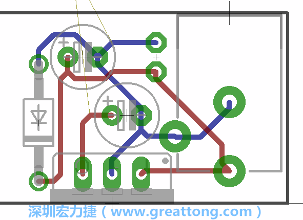 接地連結(jié)點(diǎn)的布線情形如下圖所示，利用這個(gè)練習(xí)來避免電路連線銳角化的產(chǎn)生是一個(gè)不錯(cuò)的選擇，你可以在工具列中的彎曲線路（Wire Bend）選項(xiàng)里改變各種布線的變化。