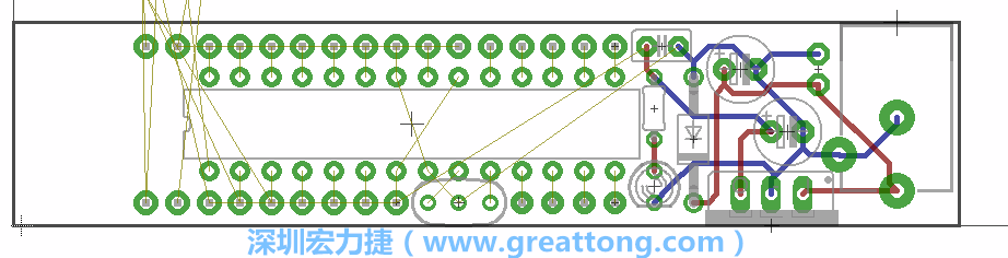 將ATmega微控制器、三個(gè)GPIO排針（JP2, JP3, JP4）和諧振器（resonator）排置如上圖所示。