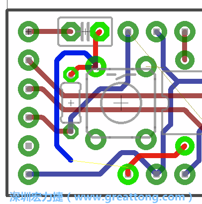 要在電路板正面進(jìn)行+5V信號(hào)線連結(jié)和其他連結(jié)點(diǎn)的布線工作是非常容易的，而重置信號(hào)線（信號(hào)線用來連結(jié)電路板正面左邊的重置開關(guān)）需要經(jīng)過一個(gè)可以通過電路板正反兩面的電路通道，這個(gè)通道是一個(gè)可以讓電路板正反兩面線路連接的一個(gè)小孔。