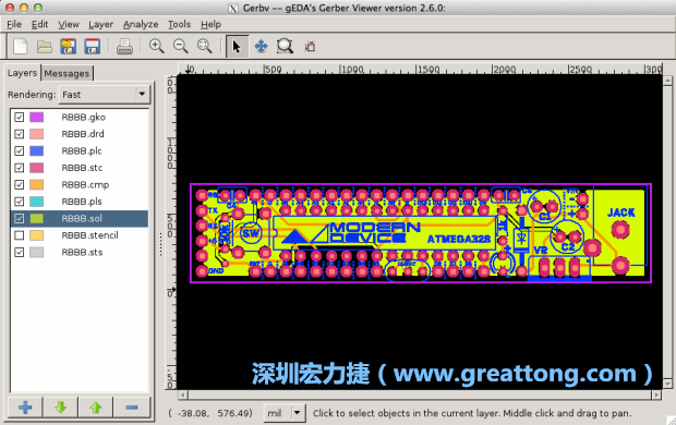 將圖層匯入你的Gerber預(yù)覽工具內(nèi)（下圖為Gerbv），我通常會(huì)從上到下重新排列它們的順序，好讓我比較好校對(duì)：